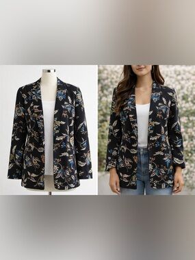 7TH AVENUE DESIGN STUDIO Floral Blazer Black Multicolor Size Large